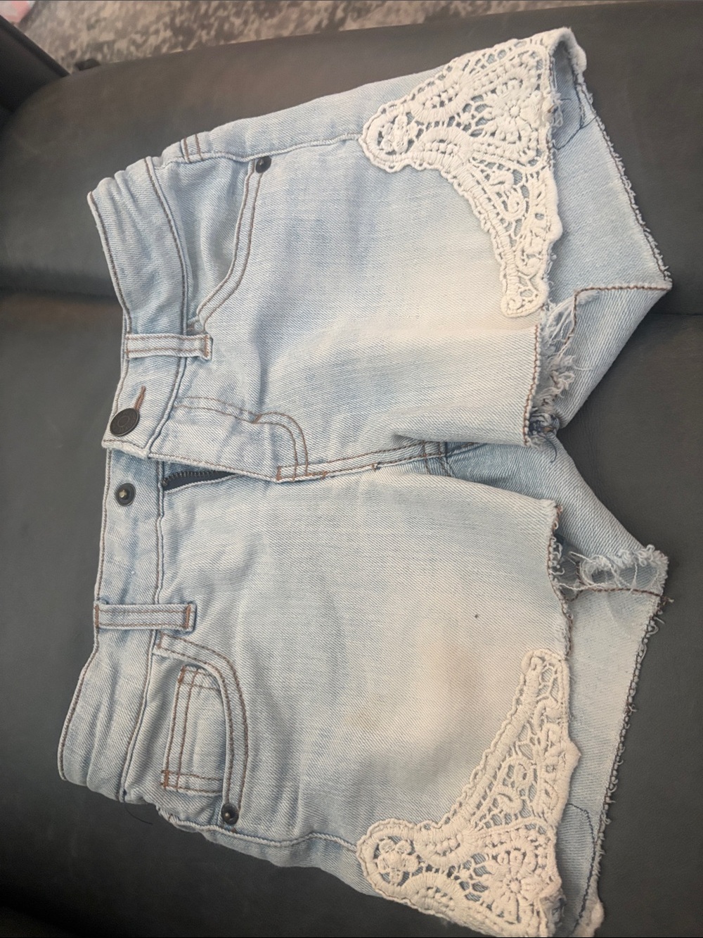 Cherokee Light Wash Denim Shorts with White Crochet Trim